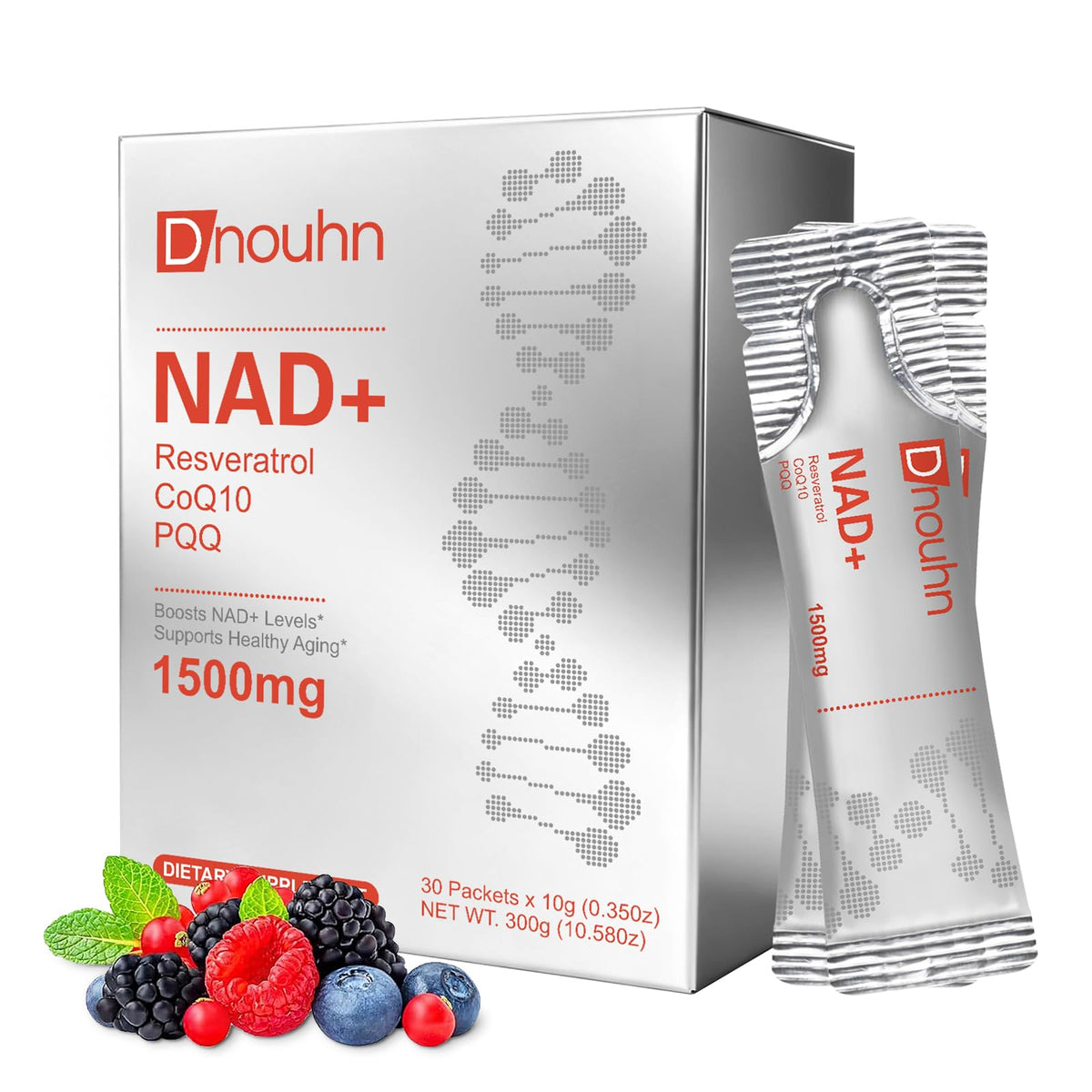 Dhouhn NAD+ supplement packaging with berries on a white background