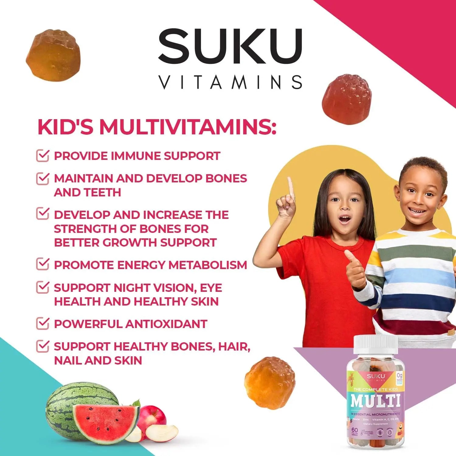 SUKU The Complete Kids Multivitamin Gummies – Vitamins A, C, D, E, B6, B12, Folate & Zinc – Immune Support SUKU