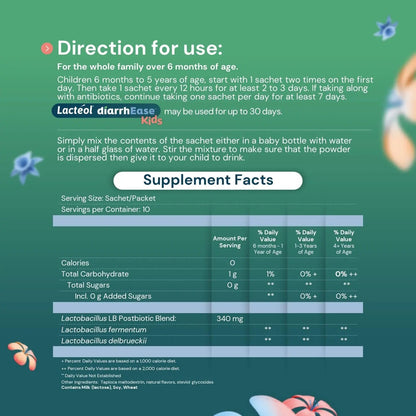 Lactéol diarrhEase Kids - a Safe, Drug Free and clinically Tested postbiotic Strain That Shortens The Duration of Occasional Diarrhea- Works Naturally with Your Child’s Body, 10 Count LactéolBuy Supplements Australia