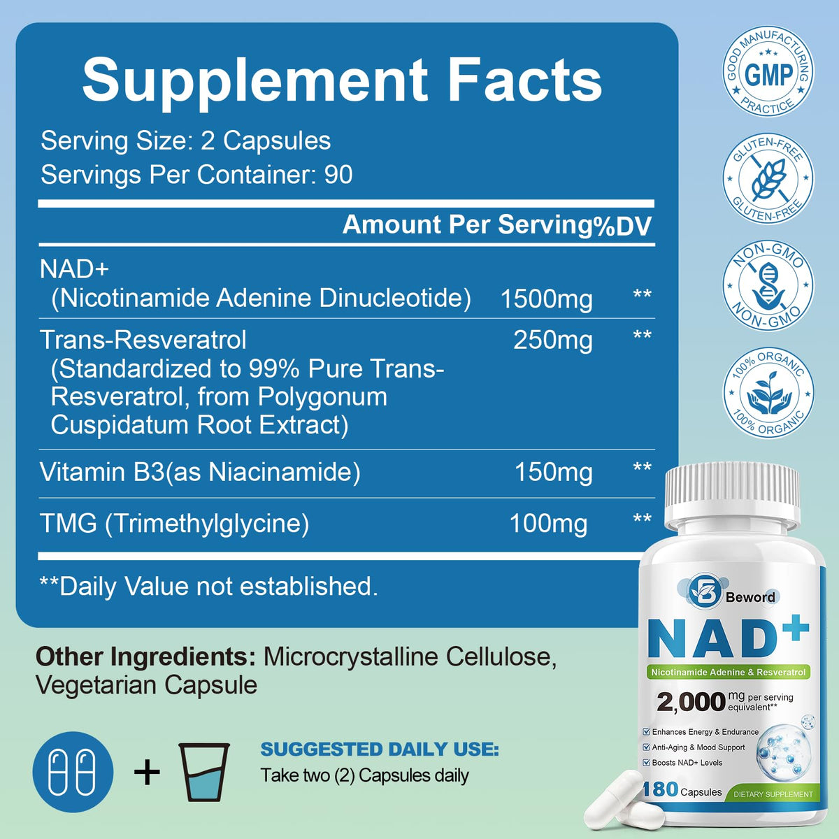BEWORD Liposomal NAD 2000 Mg, 180 Capsules, 4-in-1 Formula with Liposomal NAD, Trans-Resveratrol, Non-GMO | Energy Support BEWORDBuy Supplements Australia