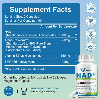BEWORD Liposomal NAD 2000 Mg, 180 Capsules, 4-in-1 Formula with Liposomal NAD, Trans-Resveratrol, Non-GMO | Energy Support BEWORDBuy Supplements Australia