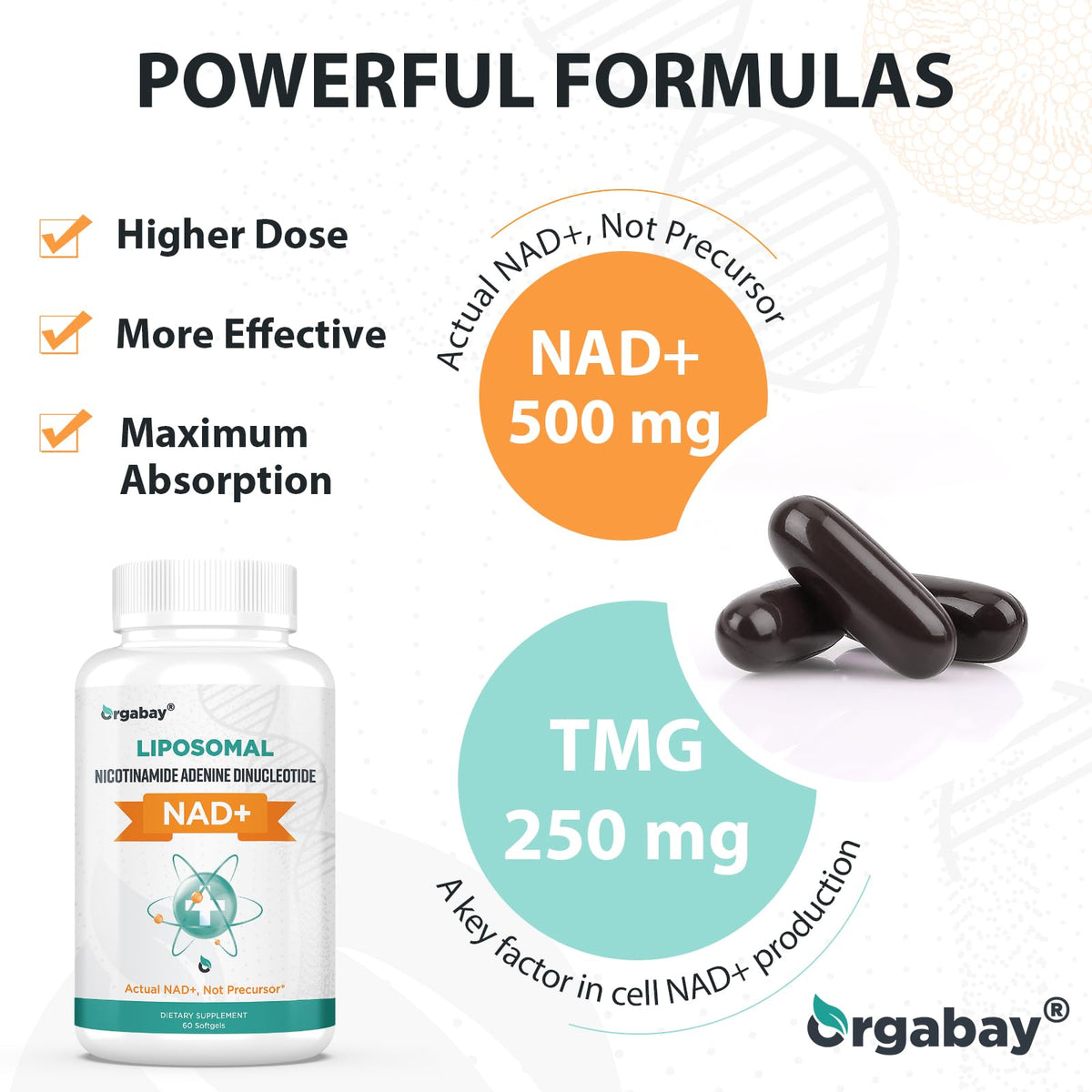 Orgabay Liposomal NAD+ Supplement 500 mg, High Absorption, Boost NAD+ with TMG 250 mg, Actual NAD Plus More Efficient Than Nicotinamide Riboside, Support Cellular Energy, Healthy Aging | 180 Softgels OrgabayBuy Supplements Australia