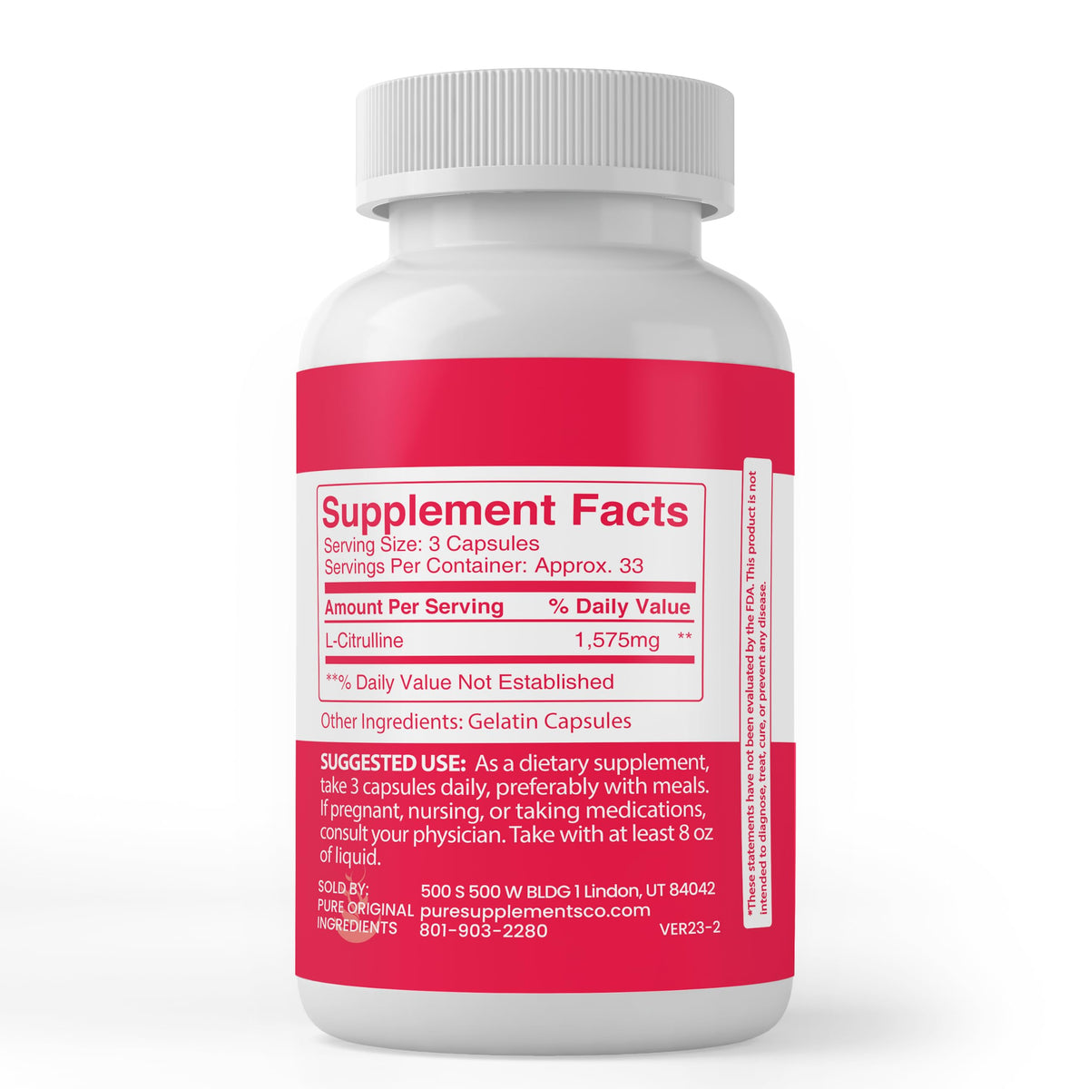 Pure Original Ingredients L-Citrulline, (100 Capsules) Always Pure, No Additives Or Fillers, Lab Verified