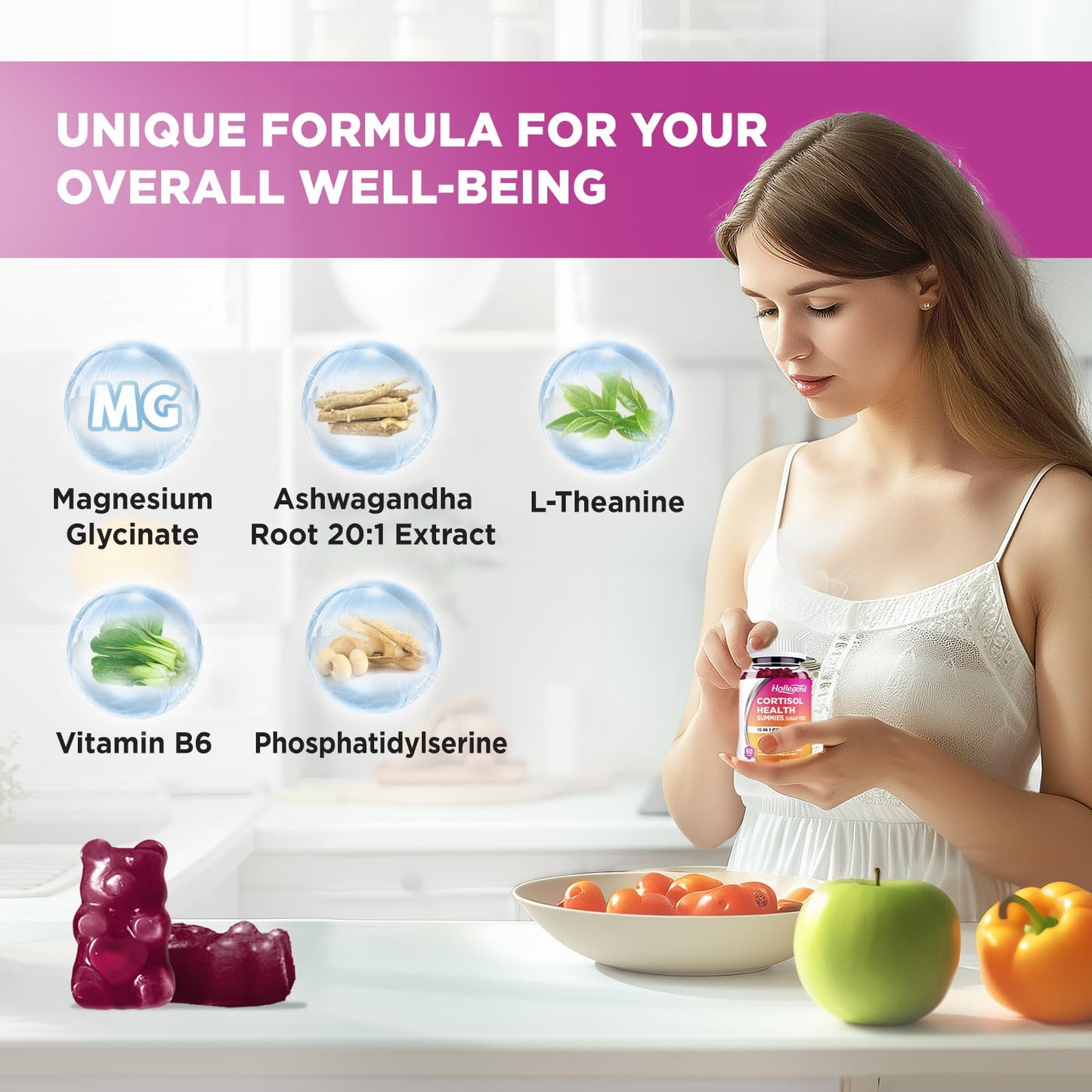 HOLLEGEND Cortisol Supplements for Women Men, Cortisol Gummies with Ashwagandha, Magnesium, L-Theanine, Phosphatidylserine, B6 for Cortisol Detox, Relaxation, Sleep, Focus, Sugar-Free, Vegan, 60 HOLLEGENDBuy Supplements Australia