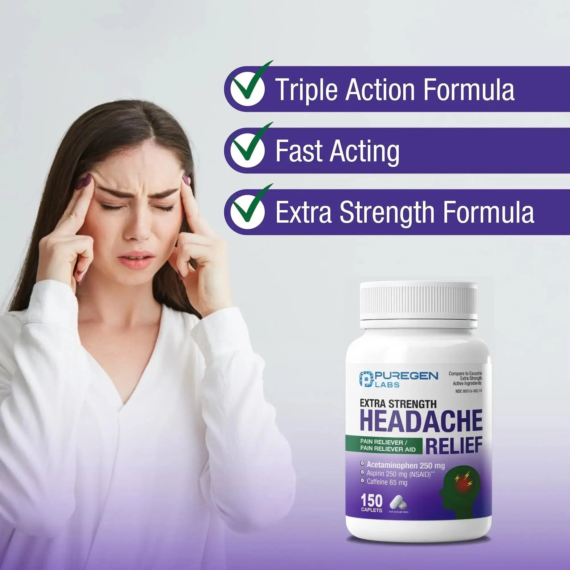 Puregen Labs Extra Strength Headache Caplets, Aspirin 250 mg (NSAID), Caffeine 65 mg, 150 Count P Puregen LabsBuy Supplements Australia