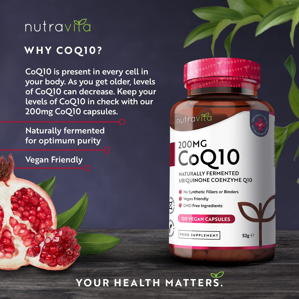 CoQ10 200mg - 120 Vegan Capsules of High Strength Co Enzyme Q10 (4 Months Supply) NutravitaBuy Supplements Australia