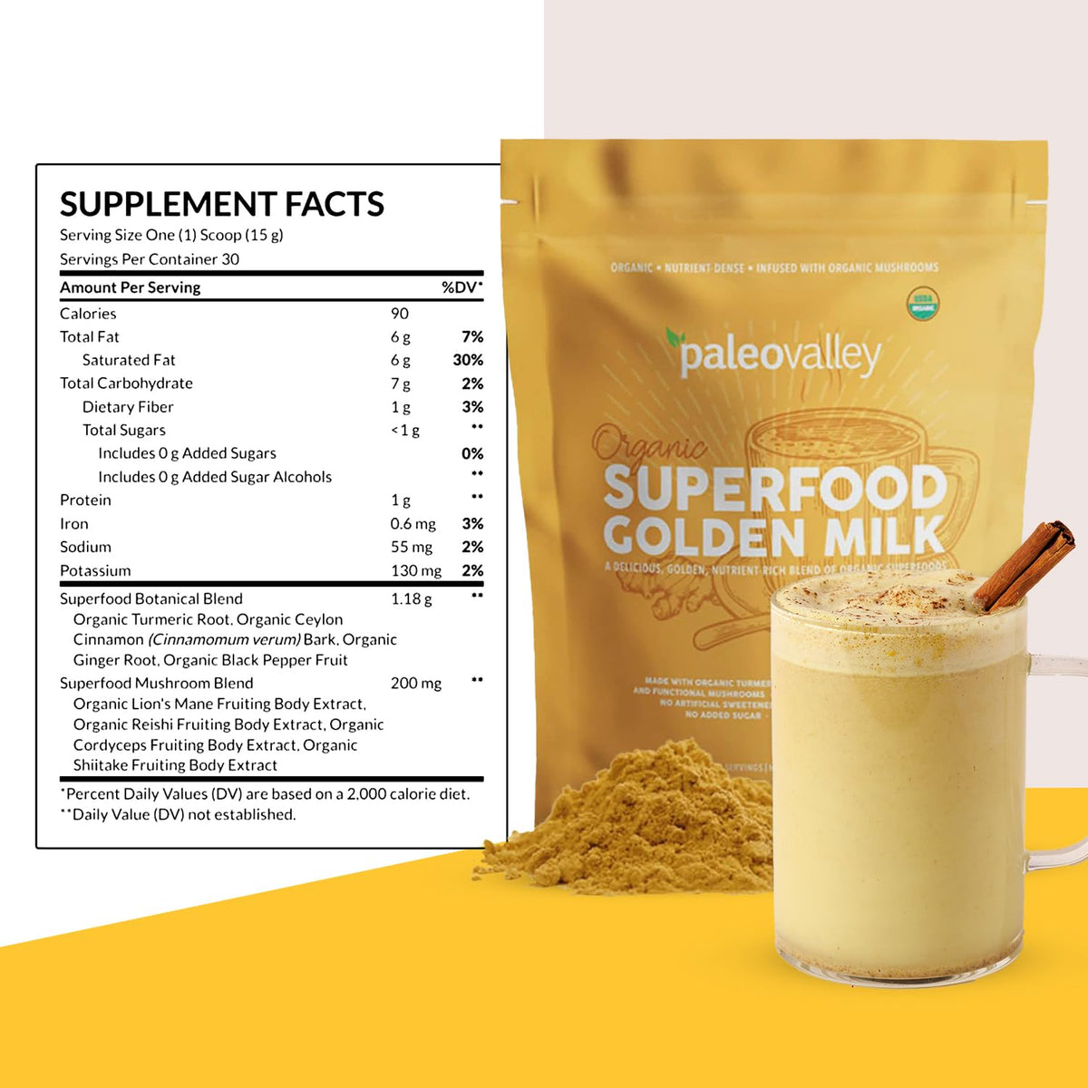 Paleovalley Organic Superfood Golden Milk - Immune, Focus, Cognitive, Longevity - Turmeric, MCT-Rich Coconut Milk, Functional Mushrooms, 30 Servings PaleovalleyBuy Supplements Australia
