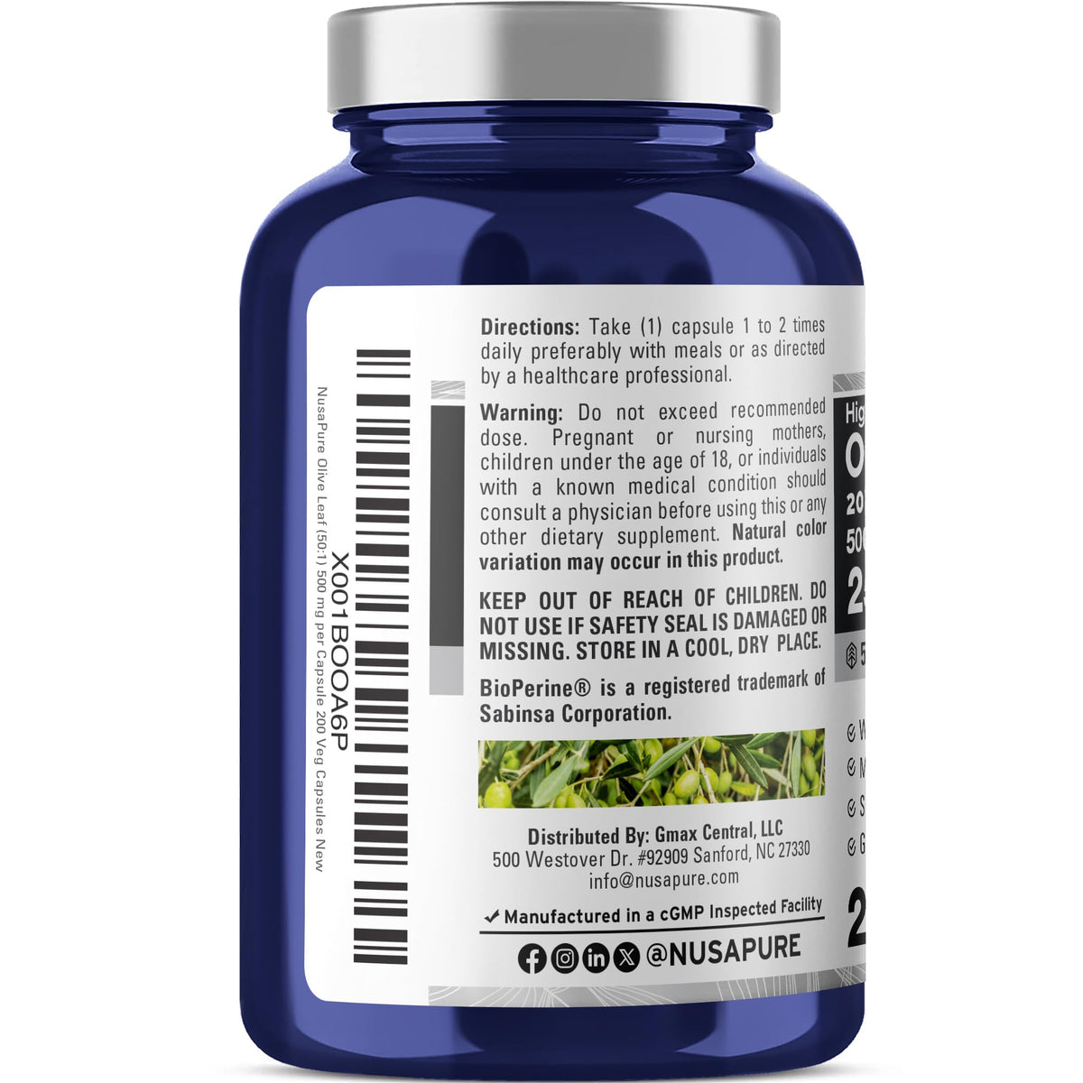 NusaPure Olive Leaf 20% Oleuropein 50:1 Extract, 500 mg Equivalent to 25,000 mg 200 Veg Caps Suitable for Vegetarians and Vegans, Non-GMO NusaPureBuy Supplements Australia
