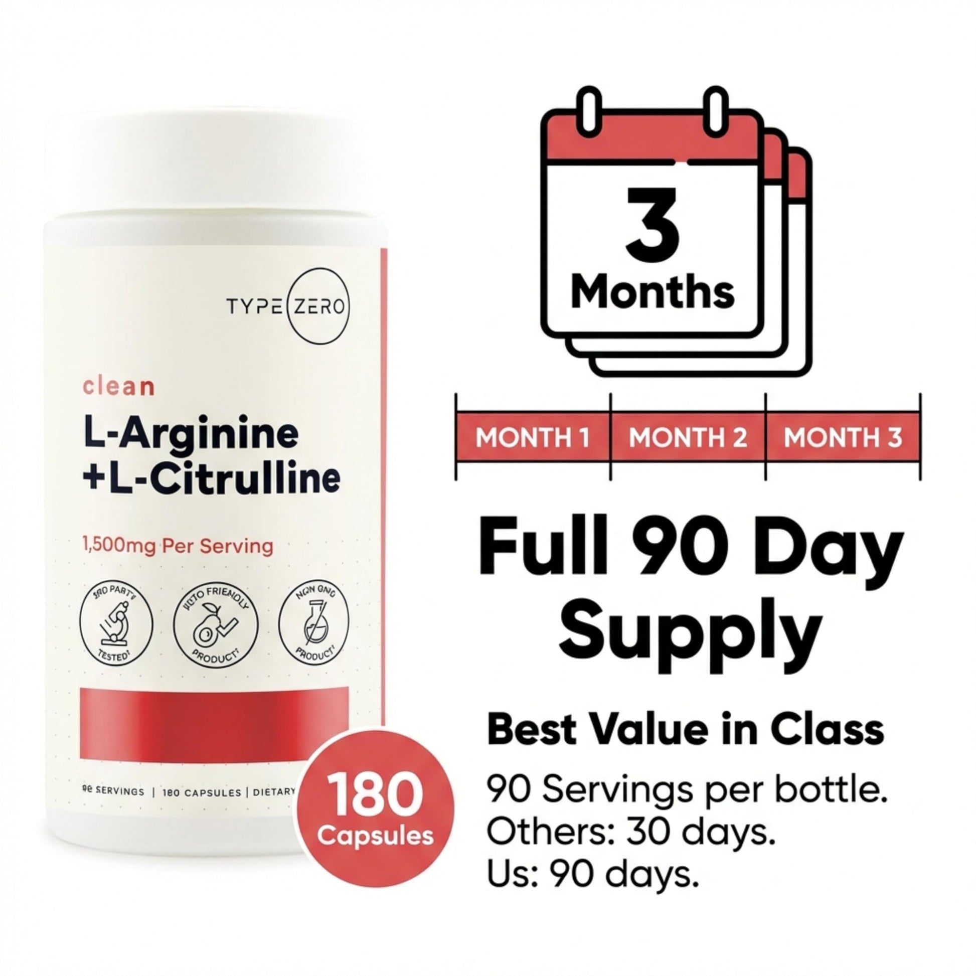 Type Zero L-Arginine + L-Citrulline Supplement (1500mg) - Nitric Oxide Booster - Clean, Keto-Friendly, GMO-Free, 180 Capsules, 90 Servings Type ZeroBuy Supplements Australia