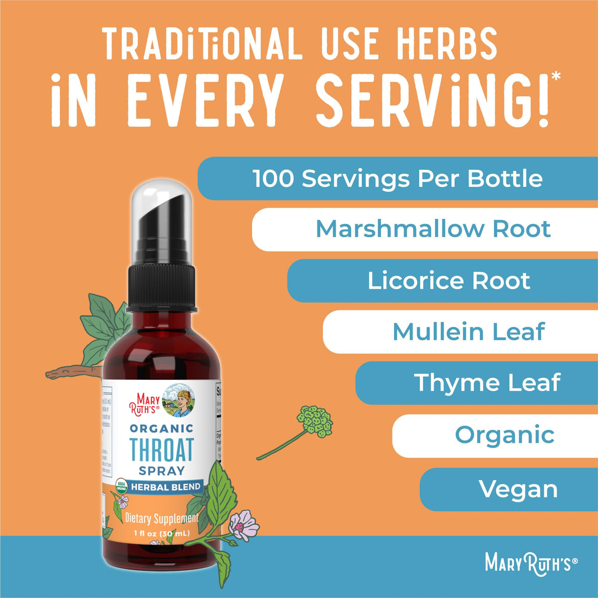MaryRuth Organics USDA Organic Throat Spray with Mullein Leaf | Marshmallow Root & Licorice Root & Thyme Leaf | 4 Herbal Blend | Non-GMO | Vegan | Gluten Free | 1 Fl Oz | Up to 100 Servings MARYRUTH'SBuy Supplements Australia