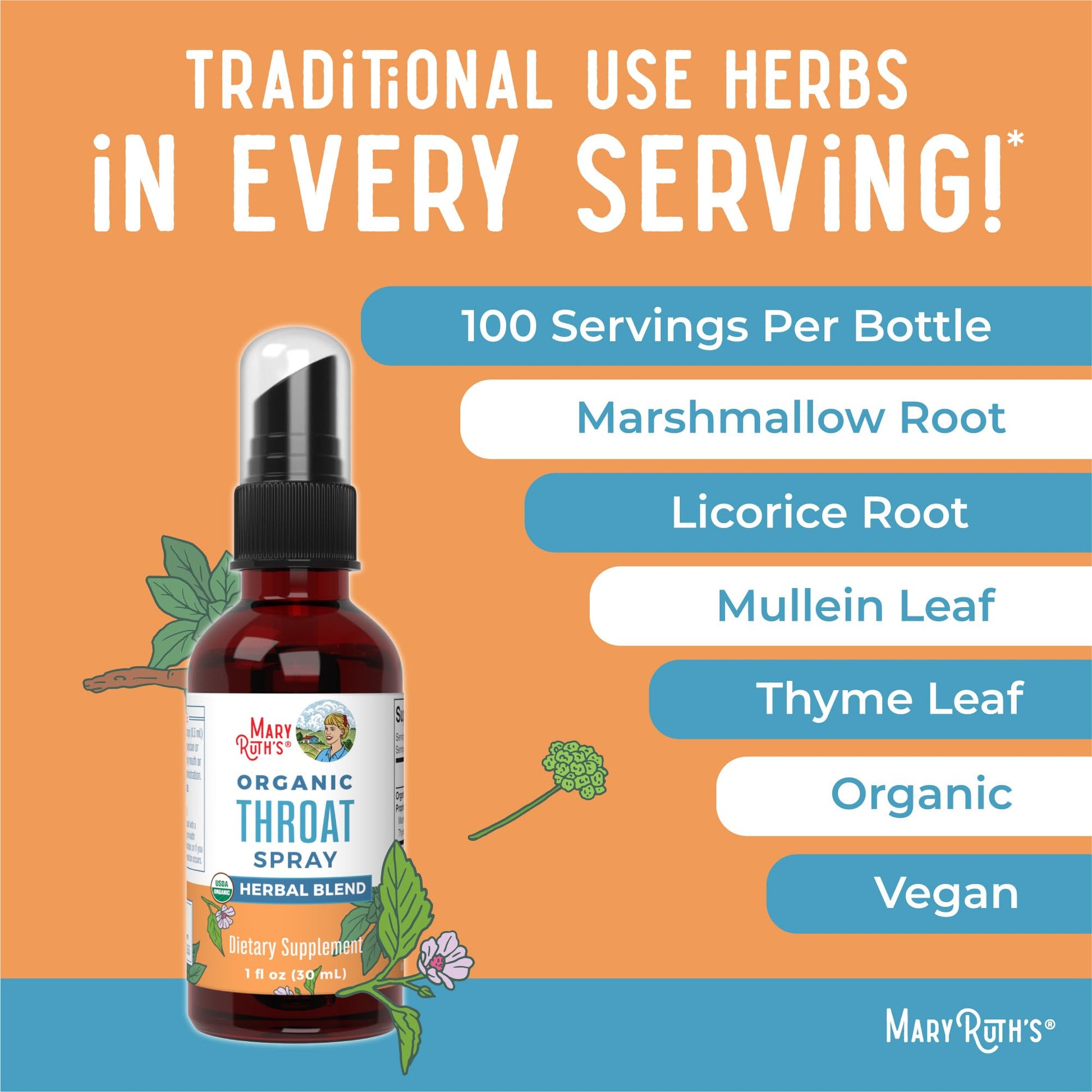 MaryRuth Organics USDA Organic Throat Spray with Mullein Leaf | Marshmallow Root & Licorice Root & Thyme Leaf | 4 Herbal Blend | Non-GMO | Vegan | Gluten Free | 1 Fl Oz | Up to 100 Servings MARYRUTH'SBuy Supplements Australia