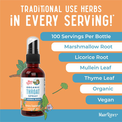 MaryRuth Organics USDA Organic Throat Spray with Mullein Leaf | Marshmallow Root & Licorice Root & Thyme Leaf | 4 Herbal Blend | Non-GMO | Vegan | Gluten Free | 1 Fl Oz | Up to 100 Servings MARYRUTH'SBuy Supplements Australia