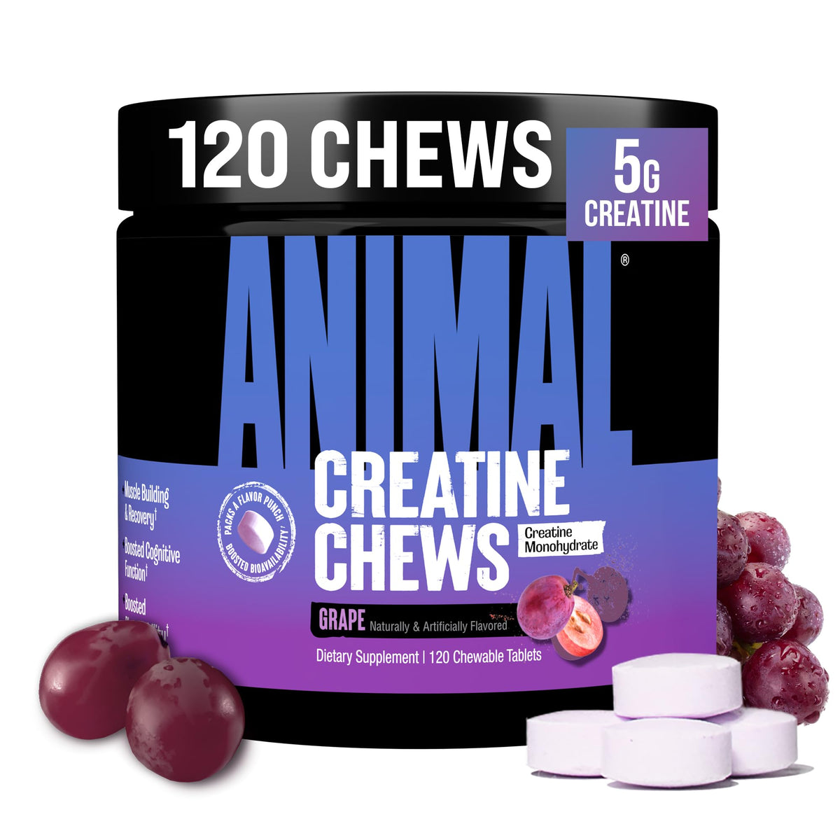 Animal Creatine Chews – 5g Creatine Monohydrate Tablets for Strength, Power & Training Recovery Support – Enhanced Absorption with AstraGin® – Convenient Chewable Format – 120 Tablets AnimalBuy Supplements Australia