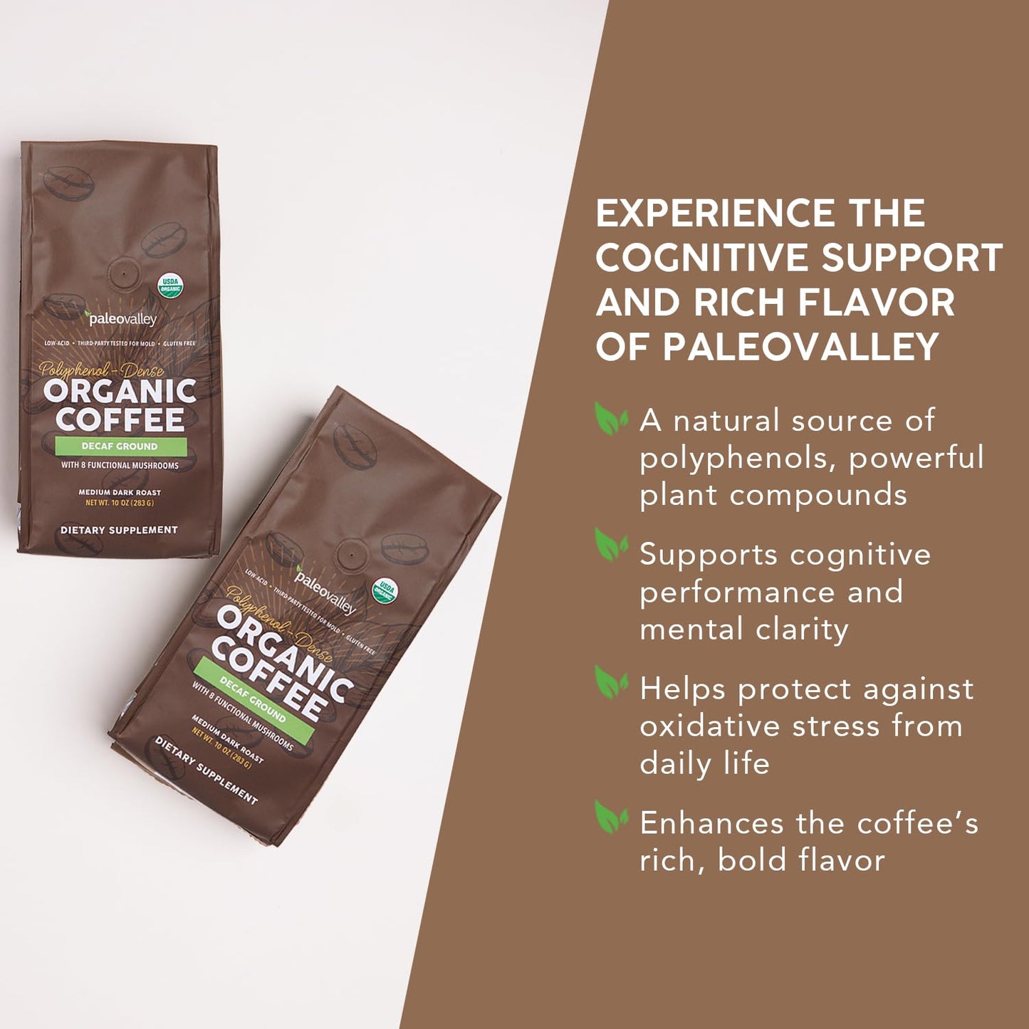 Paleovalley Organic Ground Coffee, 10oz - Decaf, Low Acid, Single-Origin, Polyphenol-Rich, Infused with Mushrooms PaleovalleyBuy Supplements Australia
