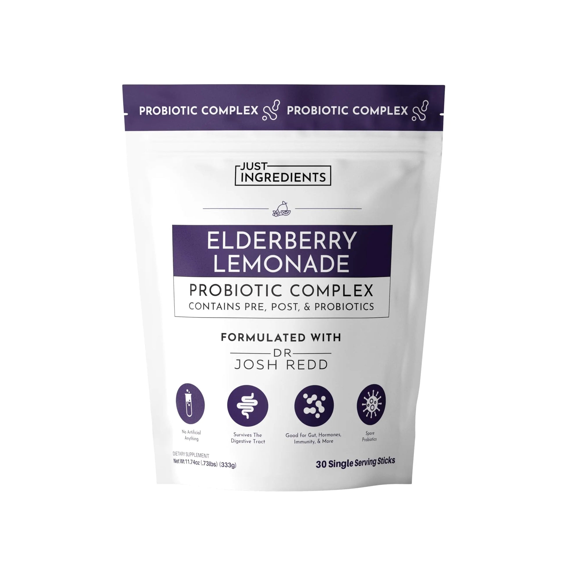 JUST INGREDIENTS Elderberry Lemonade 3-in-1 Probiotic Complex - Prebiotics, Probiotics & Postbiotics - 30 Sticks JUST INGREDIENTSBuy Supplements Australia
