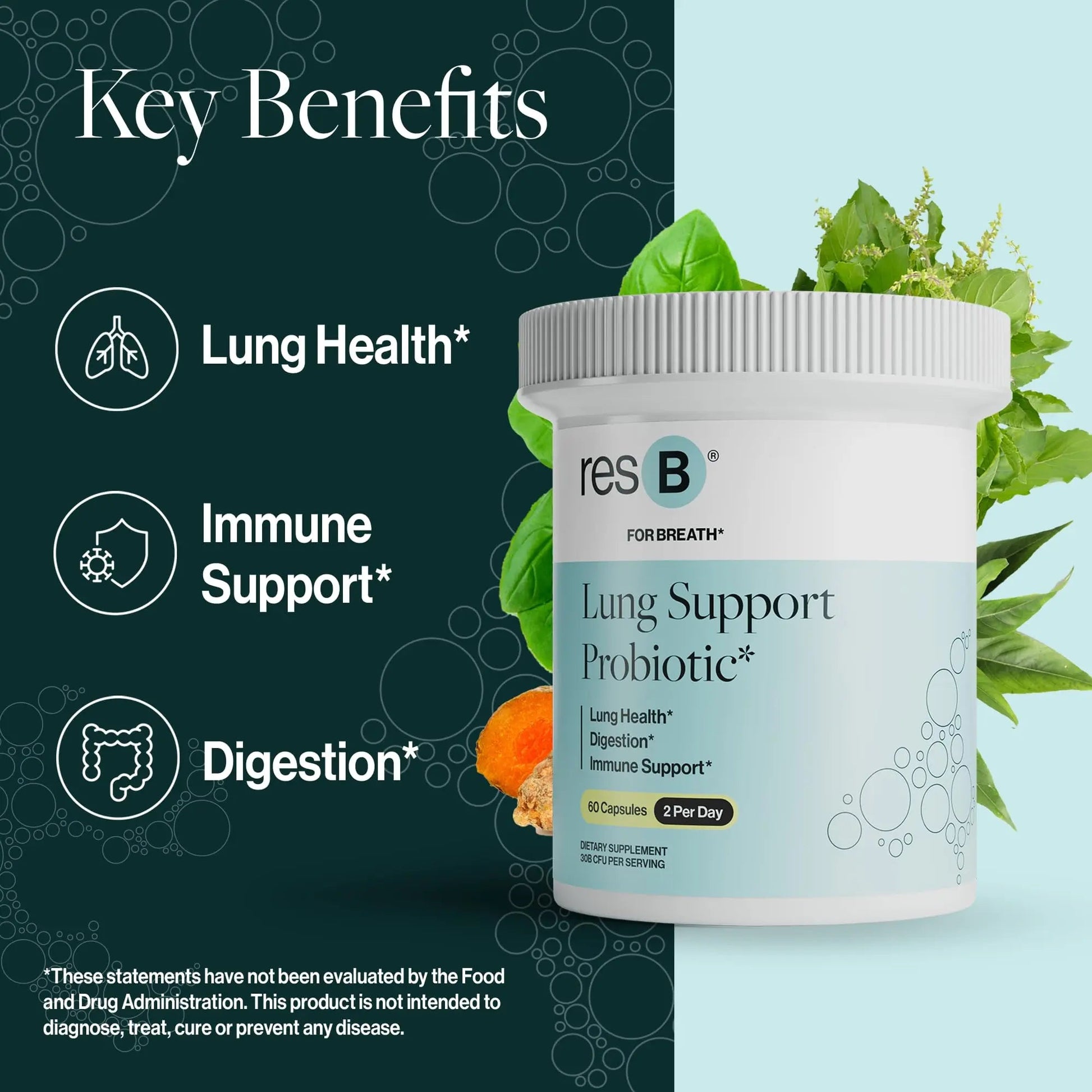 resB Lung Support Probiotic Supplement - Lung Health Supplement for Smokers, Gut Health, Immune & Digestive Support, Respiratory Care, Holy Basil & Turmeric, Clinically Trialed - 60 Capsules ResBioticBuy Supplements Australia