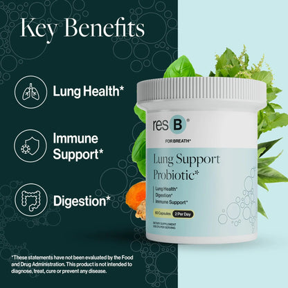 resB Lung Support Probiotic Supplement - Lung Health Supplement for Smokers, Gut Health, Immune & Digestive Support, Respiratory Care, Holy Basil & Turmeric, Clinically Trialed - 60 Capsules ResBioticBuy Supplements Australia