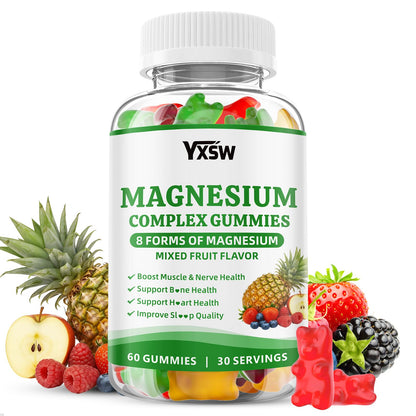 Bottle of YXSW Magnesium Complex Gummies with fruit illustrations on a white background