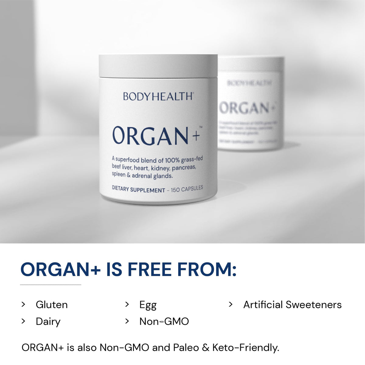 BodyHealth Organ+ Grass-Fed Glandular Organ Complex, Grassfed Beef Organ Supplement, Dessicated Beef Liver, Heart, Kidney, Pancreas, Spleen, Non GMO, Adrenal, Supplement, (150 Capsules) BodyHealthBuy Supplements Australia