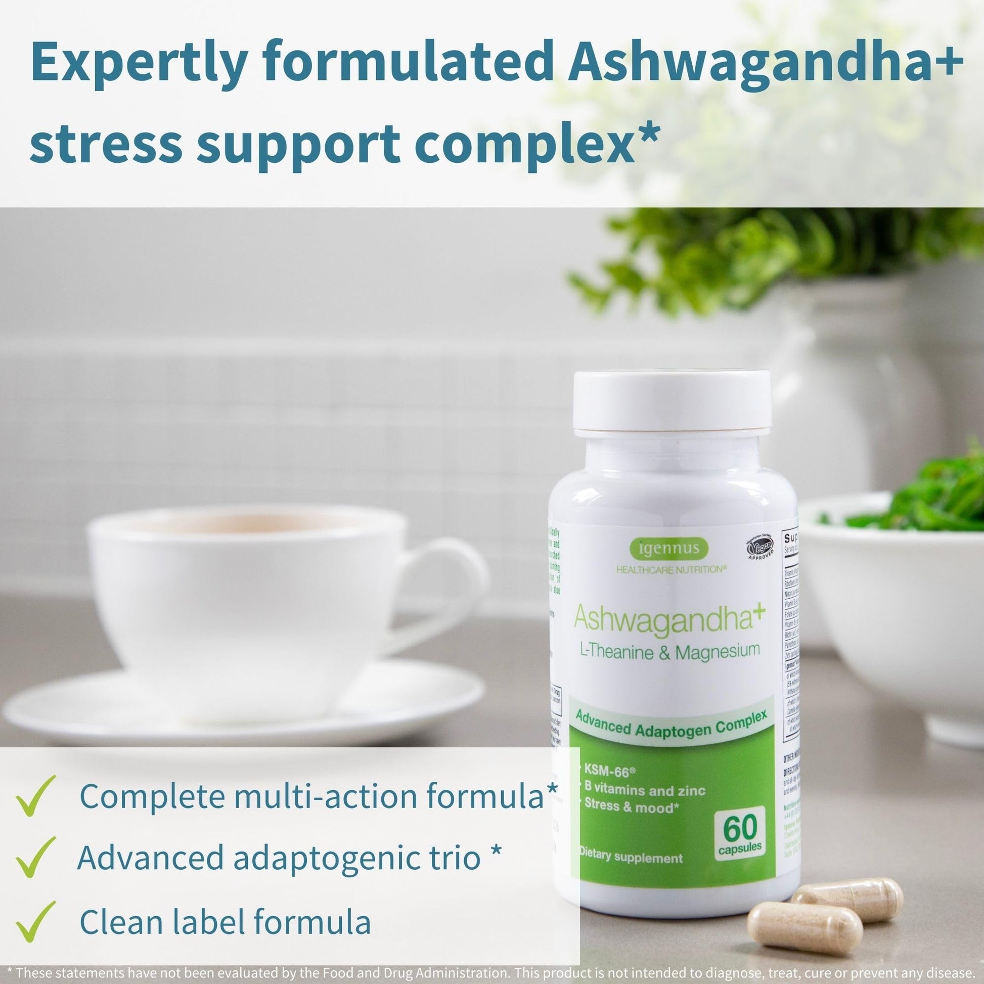 Igennus High Strength Ashwagandha, Magnesium, & L-Theanine Stress Relief Complex, KSM-66 Root Extract Adaptogens, Boosted with Methylfolate, Zinc & Biotin Clean Label, 60 Fast Acting Capsules Igennus Healthcare NutritionBuy Supplements Australia