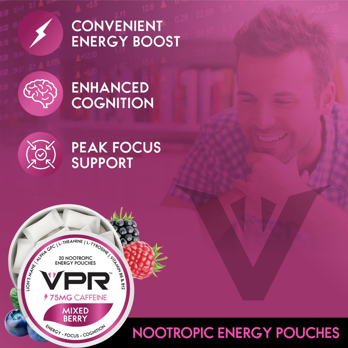 VPR 75MG Caffeine Nootropic Pouches | 20 Count Energy Pouches with Lion's Mane, Alpha-GPC, Vitamin B6 & B12, L-Theanine, and L-Tyrosine | Naturally Flavored Focus Pouches with No Sugar (Variety Pack) VPR EnergyBuy Supplements Australia