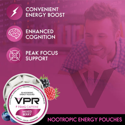 VPR 75MG Caffeine Nootropic Pouches | 20 Count Energy Pouches with Lion's Mane, Alpha-GPC, Vitamin B6 & B12, L-Theanine, and L-Tyrosine | Naturally Flavored Focus Pouches with No Sugar (Variety Pack) VPR EnergyBuy Supplements Australia