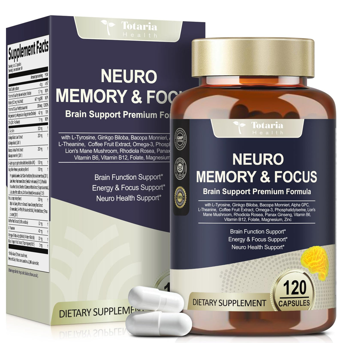 25 in 1 Brain Supplements for Memory and Focus & Neuro Health - Daily Brain Nootropic Cognitive Supplement with L-Tyrosine, Bacopa Monnieri, Ginkgo Biloba, Alpha GPC - Non-GMO, Gluten Free TotariaBuy Supplements Australia