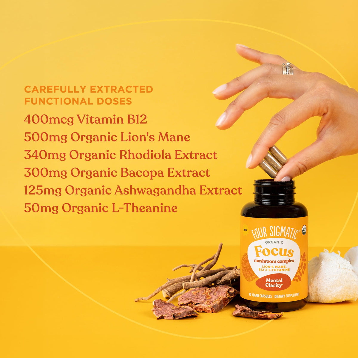 Four Sigmatic Focus Capsules | Lion's Mane Supplement Capsules | Brain Boosting Complex with Ashwagandha, Bacopa Monnieri & Rhodiola | Vegan Nootropic Adaptogen & Mushroom Supplement | 30 Servings Four SigmaticBuy Supplements Australia