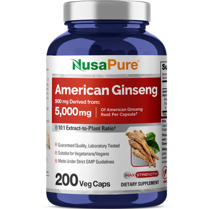 NusaPure American Ginseng 10:1 Extract, 500 mg Equivalent to 5000mg - 200 Veggie Capsules (Vegetarian, Non-GMO, Vegan) NusaPureBuy Supplements Australia