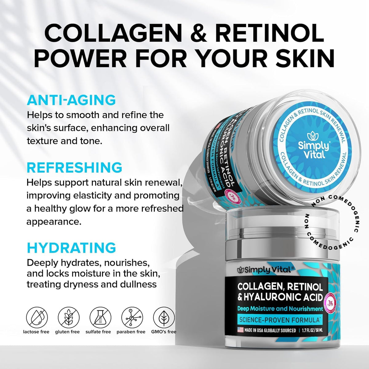 Anti-Aging Face Moisturizer with Retinol, Collagen & Hyaluronic Acid - Made in USA - Moisturizer Face Cream for Women & Men - Firming & Hydrating Neck Cream - Day & Night Skin Care - 1.7 fl oz SimplyVital buy supplements Au