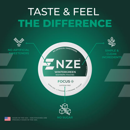 NZE Caffeine Free Nootropic Pouches (Wintergreen) - Nootropic Pouches with Alpha GPC, L-Tyrosine & L-Theanine - No Sugar or Artificial Sweeteners - 15 Pouches Per Can - 5 Pack NZEBuy Supplements Australia