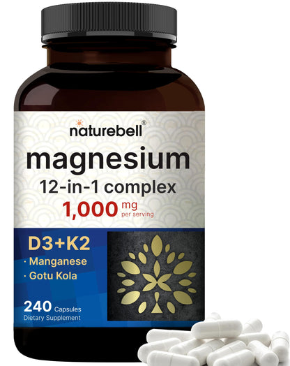 Naturebell magnesium supplement bottle with white pills on a white background