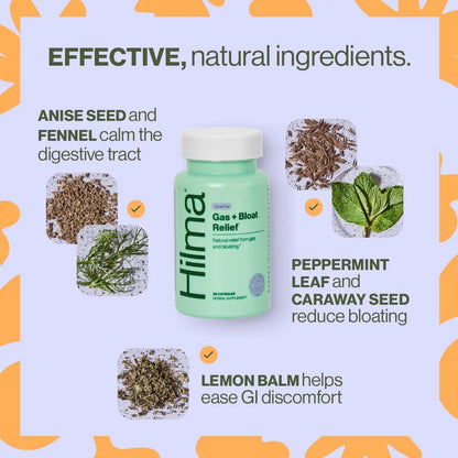 Hilma Natural Gas and Bloating Relief for Women, Doctor Formulated with Organic Ingredients, Lemon Balm, Fennel and Peppermint Leaf, 50 Vegan Capsules HilmaBuy Supplements Australia