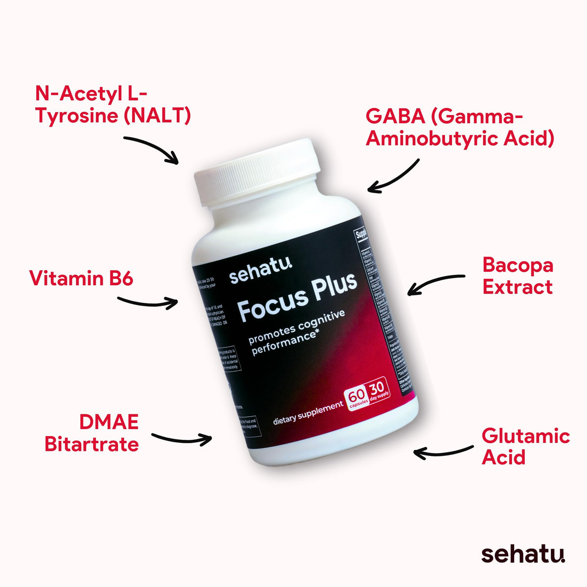 SEHATU Focus Plus Cognitive Performance Enhancer | with N-Acetyl L-Tyrosine, DMAE Bitartrate, GABA, Glutamic Acid | Boosts Focus, Enhances Memory, Supports Brain Health | 60 Count | 30 Day Supply SEHATUBuy Supplements Australia