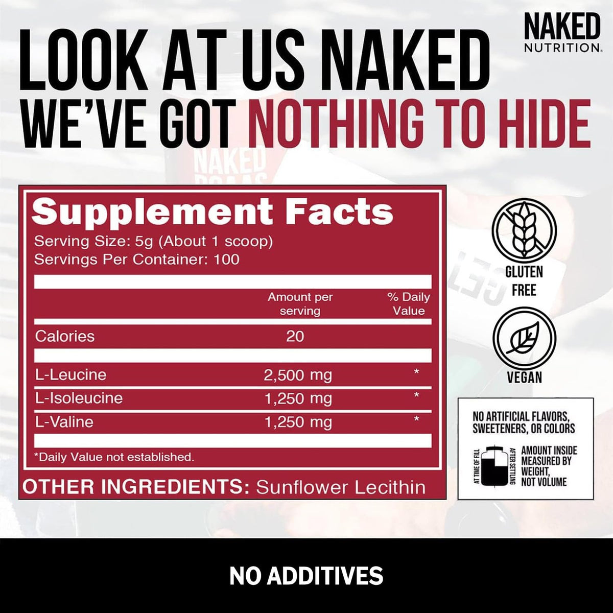 NAKED BCAAs Amino Acids Powder, Only 1 Ingredient, Pure 2:1:1 Formula, Vegan Unflavored Branched Chain Amino Acids, Instantized All Natural BCAA Supplement - 500 Grams, 100 Servings