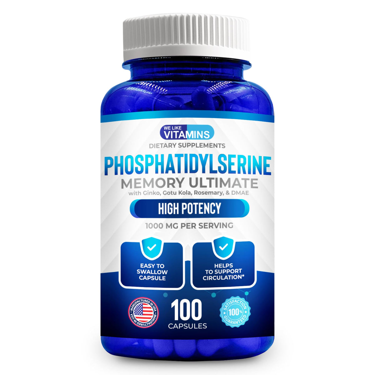 We Like Vitamins Phosphatidylserine Supplement with Gingko Biloba, Gotu Kola, DMAE - Improves Focus, Memory, Cognitive Function - Soy-Free 1000mg Memory Ultimate Complex - 100 Easy-to-Swallow Capsules We Like VitaminsBuy Supplements Australia