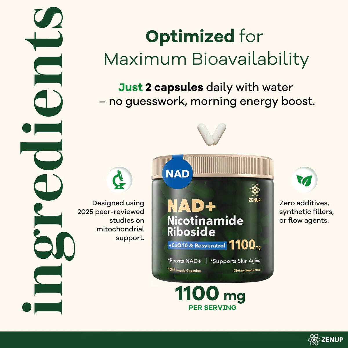 ZenUP NAD+ Supplement | 1100mg Liposomal Nicotinamide Riboside with Resveratrol & Quercetin | Anti-Aging, Cellular Energy, Mental Focus | 120 Caps ZenUPBuy Supplements Australia
