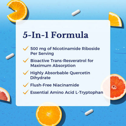 Vitalitown 5 in 1 NAD+, NMN Supplement Alternatives, Nicotinamide Riboside (NR), Trans-Resveratrol, Quercetin, Niacinamide, L-Tryptophan, for Cellular Energy, Heart, Skin, 60 Veggie Capsules VitalitownBuy Supplements Australia