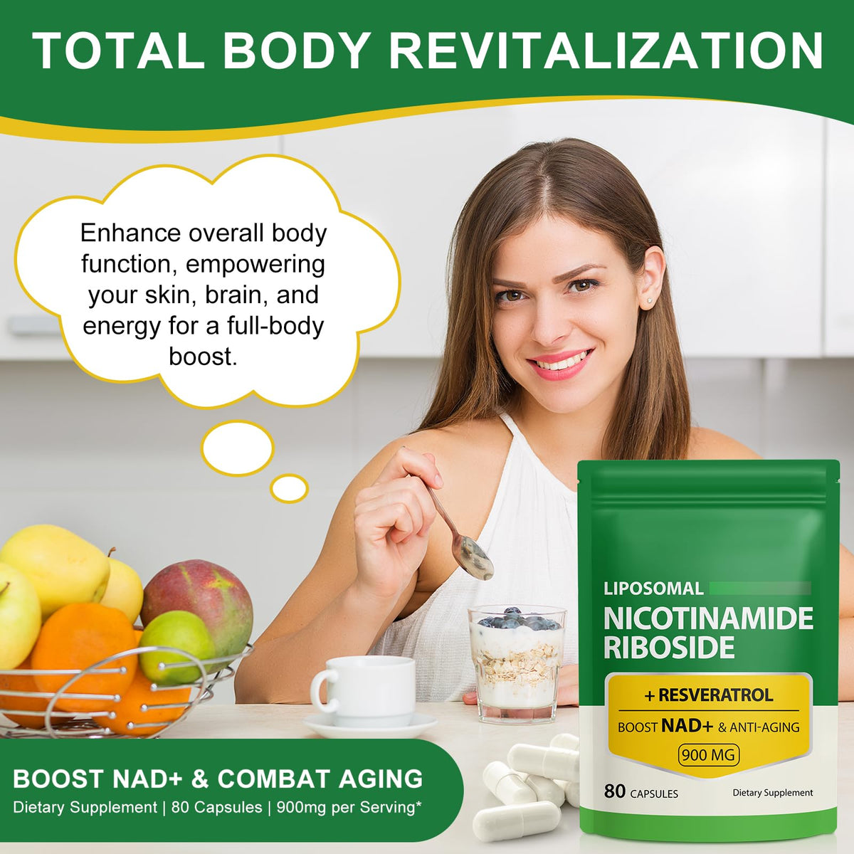 Daiasns NAD+ Supplement 900mg - Liposomal Nicotinamide Riboside & Resveratrol, Supports Muscle, Brain, Cellular Energy - NMN Supplement Alternative for Men and Women, 80 Capsules (Pack of 1) DaiasnsBuy Supplements Australia