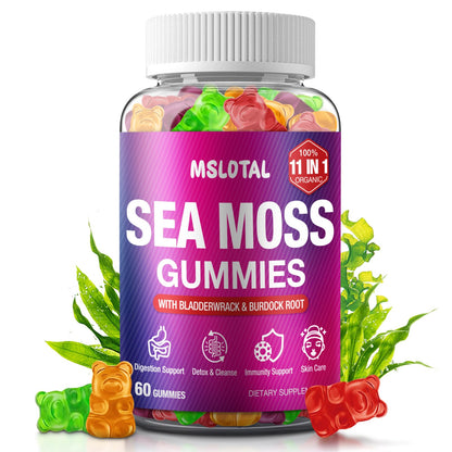 Bottle of MSLOTAL Sea Moss Gummies with colorful gummy bears on a white background