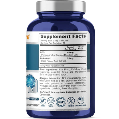NusaPure PQQ Supplement 40 mg, 120 Veggie Capsules, Non-GMO, Pyrroloquinoline Quinone Disodium Salt, Bioperine & Vegan NusaPureBuy Supplements Australia