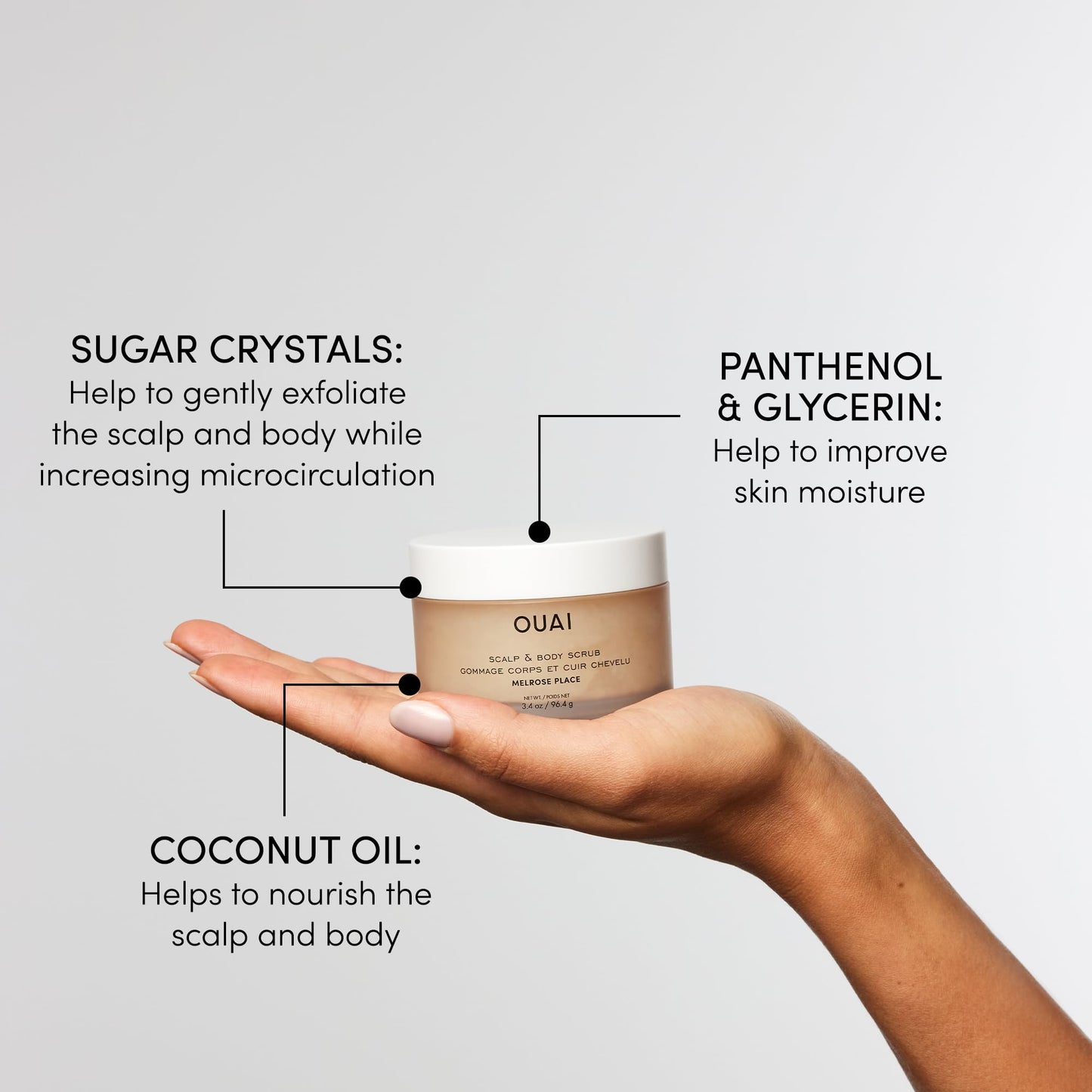 OUAI Scalp & Body Scrub Travel Size, Melrose Place - Exfoliating Body Scrub with Sugar & Coconut Oil Blend for Smooth, Moisturized Skin - Gentle for Removing Product Build Up (3.4 Oz) OUAIBuy Supplements Australia
