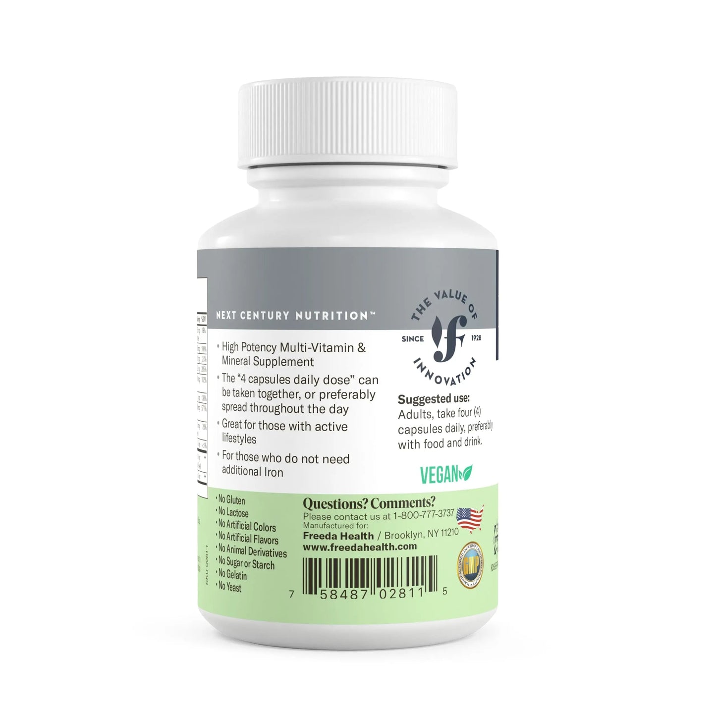 FREEDA Ultra Multivitamin Capsules – High-Potency Daily Supplement for Men & Women – Iron-Free – 120 Count – Kosher Certified FREEDA