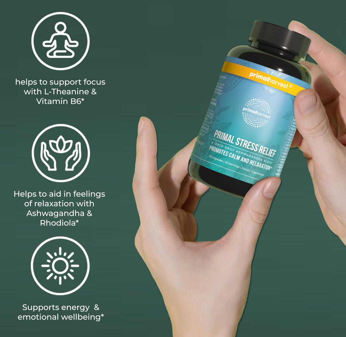 Primal Harvest Stress Relief Supplement for Women and Men Pure Ashwagandha Root Extract, L-Theanine Supplements, 30 Capsules Primal HarvestBuy Supplements Australia