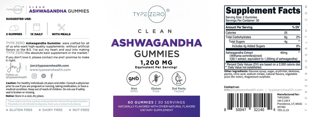 Type Zero Ashwagandha Gummies 1,200mg, 60 Gummies - Ashwagandha Herbal Extract Supplement - 30 Servings, Gluten Free, Non-GMO Type ZeroBuy Supplements Australia