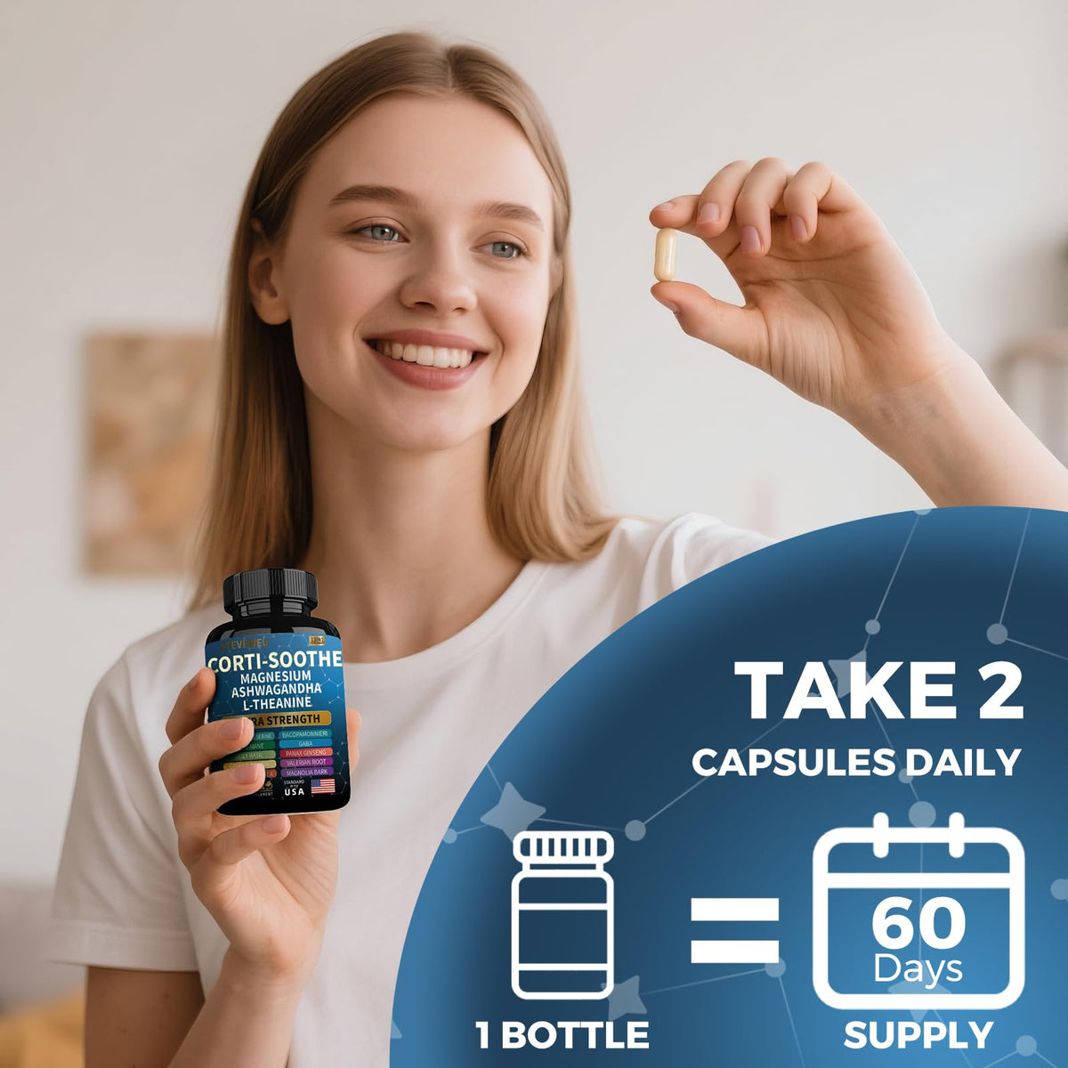 Corti-Soothe Cortisol Supplement for Women and Men with Magnesium Glycinate 200mg, L-Theanine 150mg, Phosphatidylserine 50mg & Manager Holy Basil Ginkgo Biloba Bacopa Monnieri Valerian 60 Capsules JTEVEweuBuy Supplements Australia