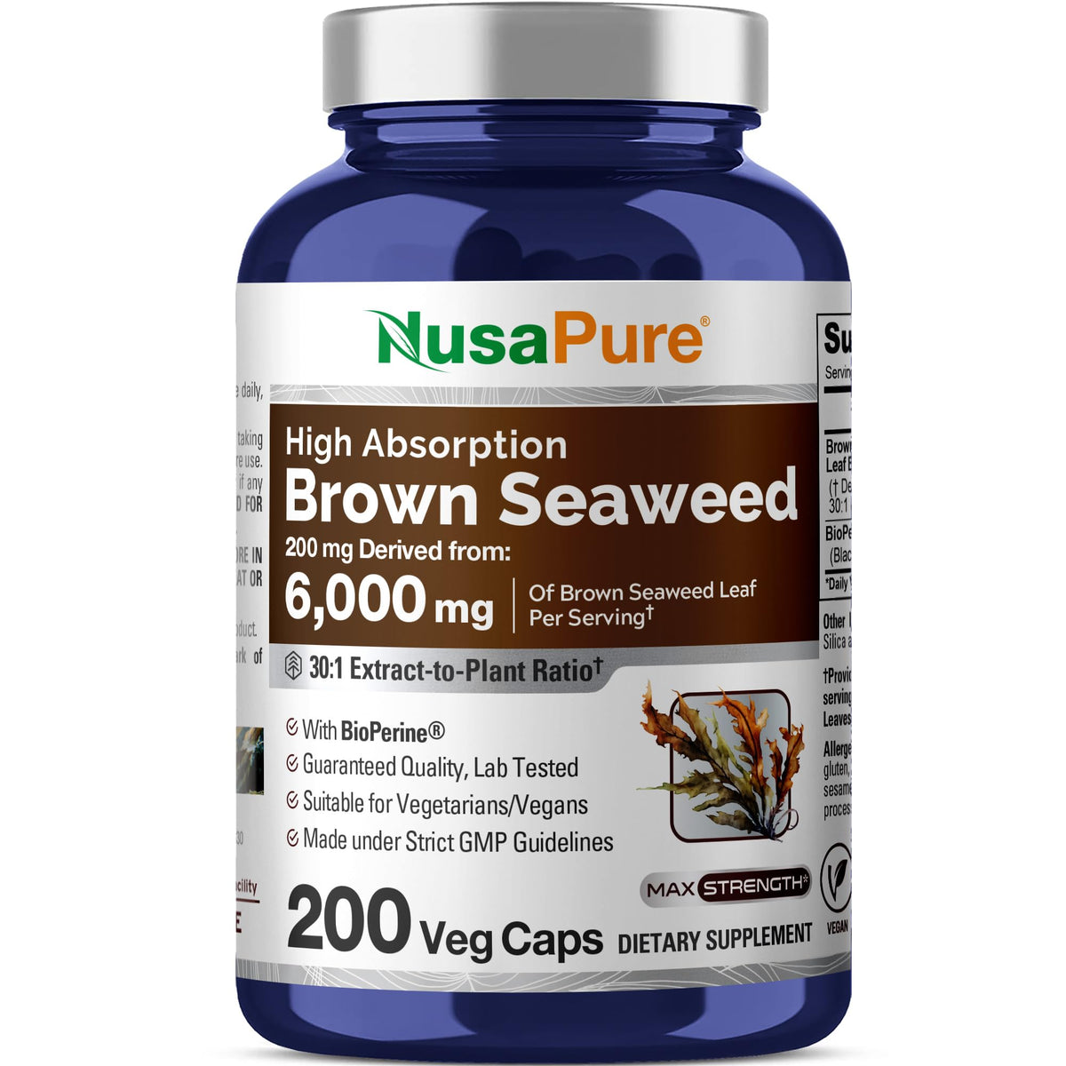 NusaPure Brown Seaweed 30:1 Extract, 200 mg Equivalent to 6,000 mg 200 Veggie Capsules - (Vegan, Non-GMO Bioperine) NusaPureBuy Supplements Australia