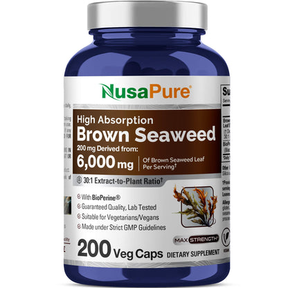 NusaPure Brown Seaweed 30:1 Extract, 200 mg Equivalent to 6,000 mg 200 Veggie Capsules - (Vegan, Non-GMO Bioperine) NusaPureBuy Supplements Australia