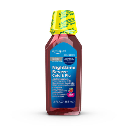 Amazon Basic Care Nighttime Severe Cold and Flu Syrup, Max Strength Liquid Medicine, Multi-Symptom Relief, for Adults and Children 12 Years and Older, Mixed Berry Flavor, 12 fl oz Amazon Basic Care buy supplements Au