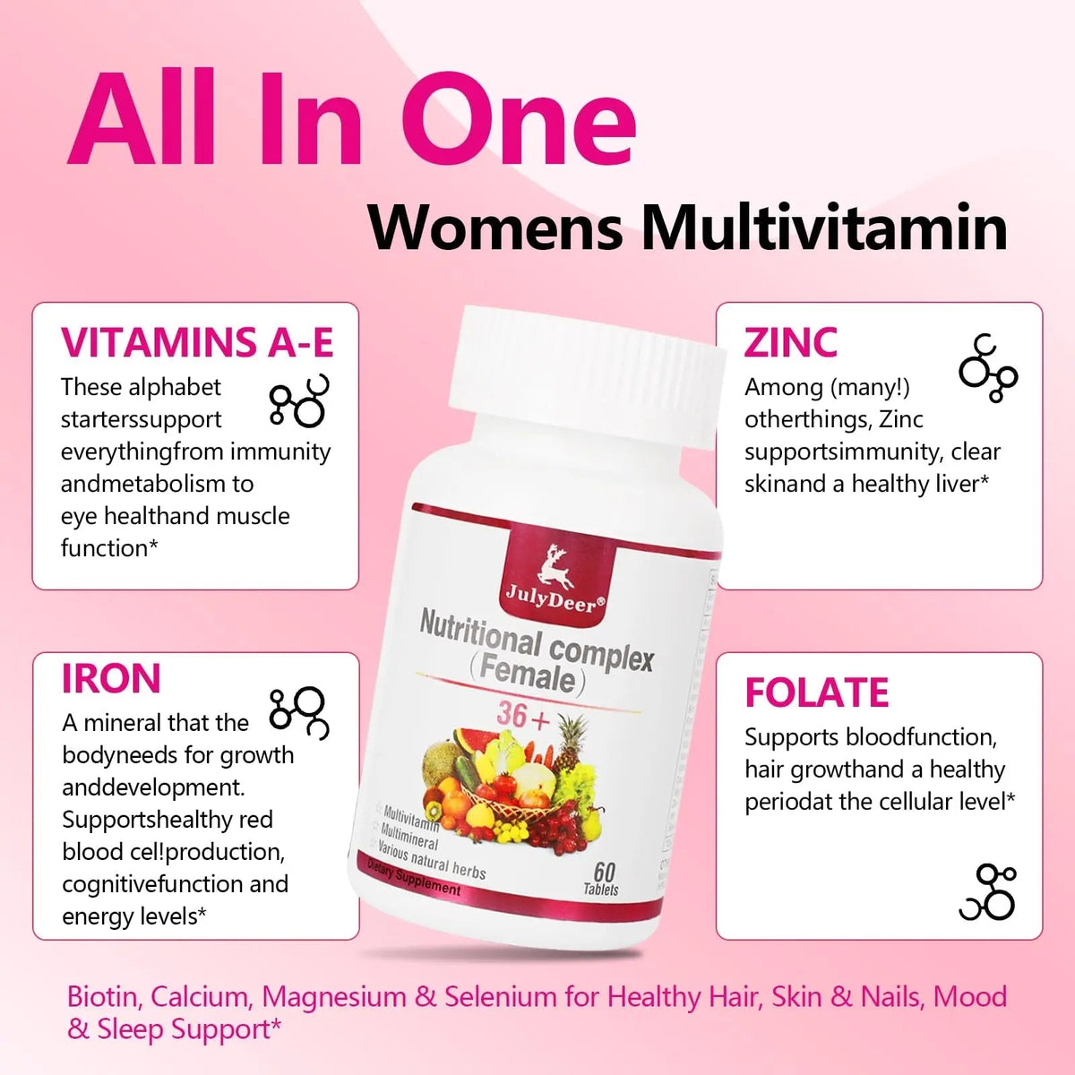 JulyDeer One Daily Tablet Multivitamin for Women - Complete Multimineral with Vitamin A, C, D, E and B-Complex, Zinc & More for Women's Immunity JulyDeer